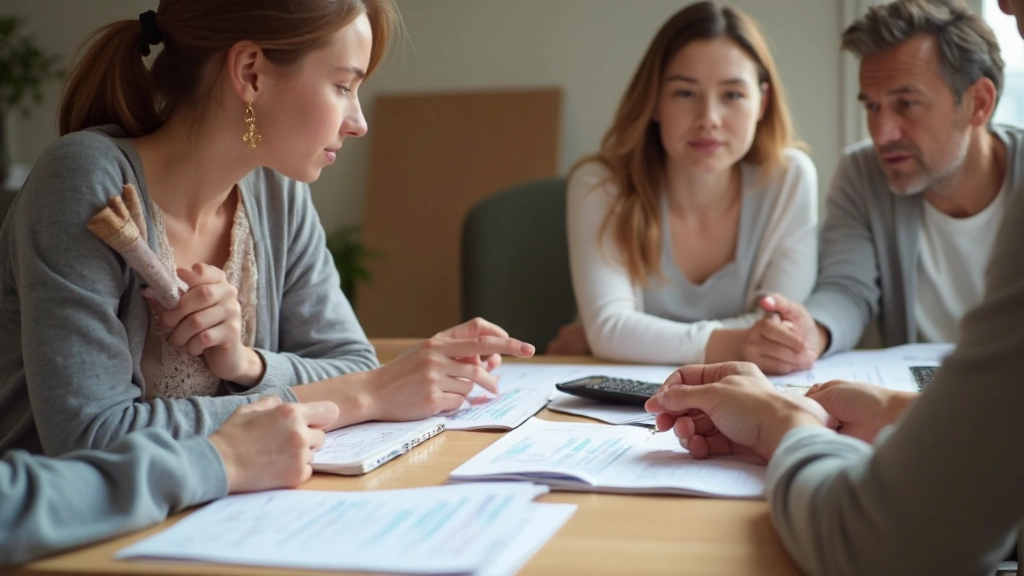 Семья планирует семейный бюджет за столом с документами